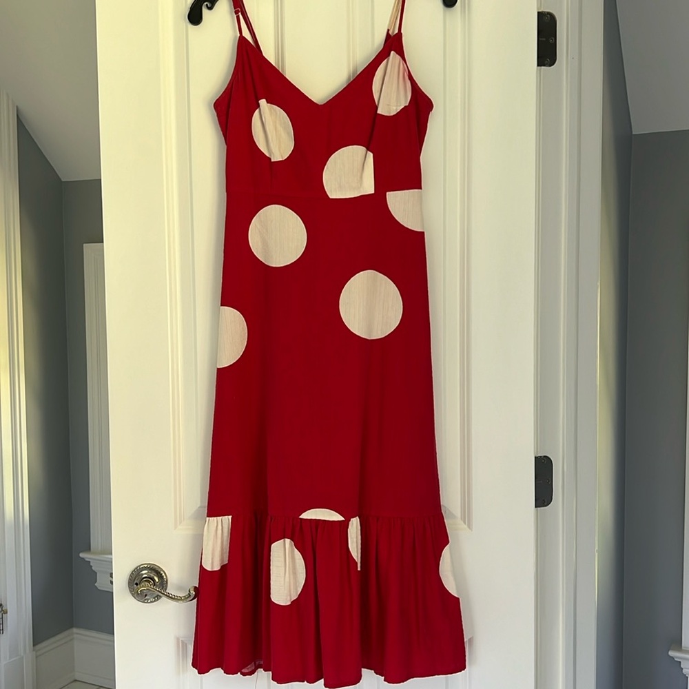 Anthropologie Red Dress with Cream Polka Dots